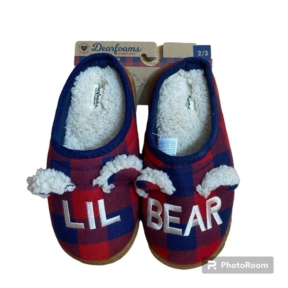 Dearfoams Lil Bear Plaid Slippers NEW 2/3 Red Blue Kids Youth Matching Family